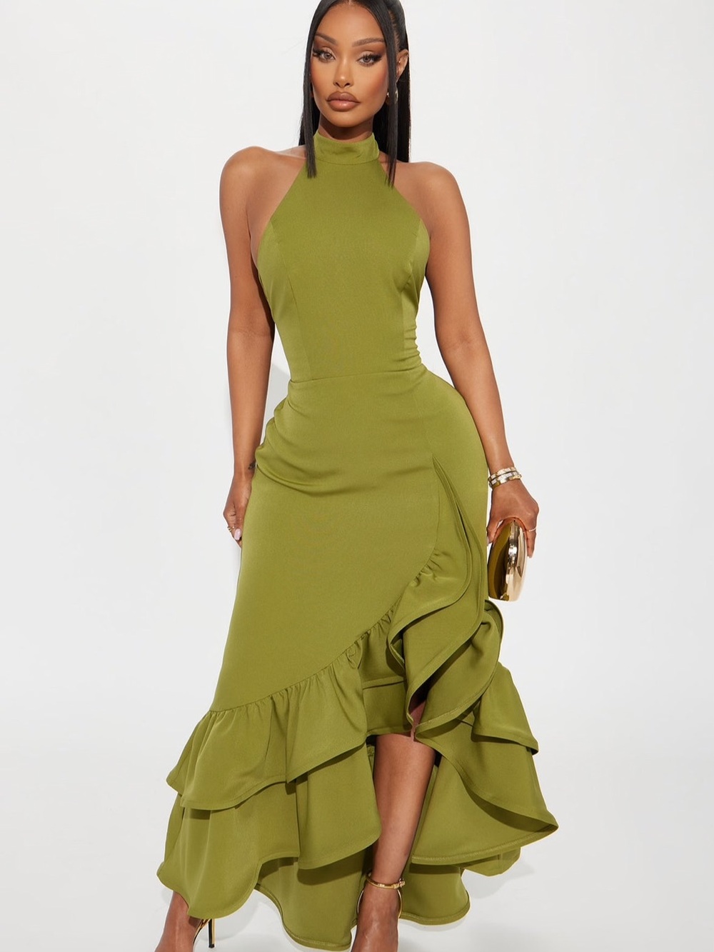 High-Neck Olive Green Ruffle Hem Maxi Dress